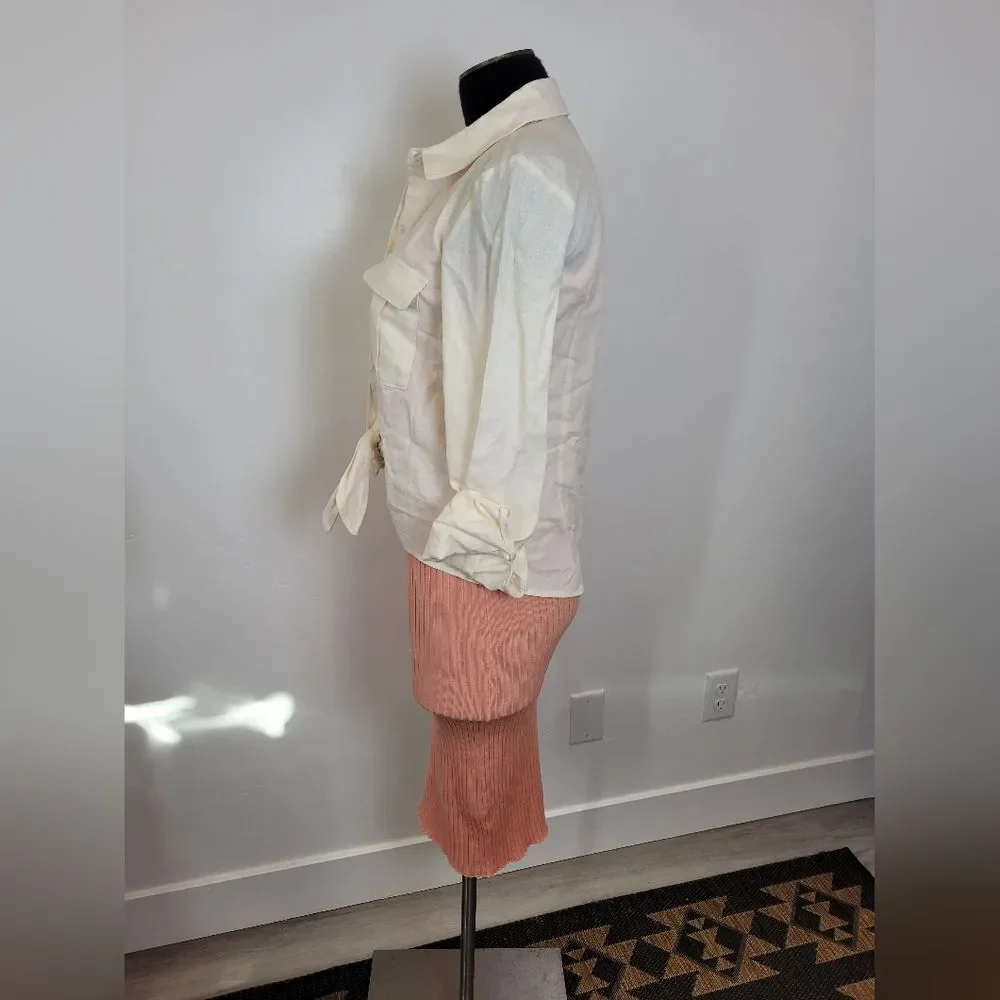 Women's XS Outfit Ribknit Bodycon Dress Linen Button Waist Tie Shirt Pink White
